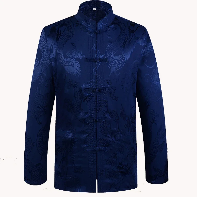 Chinese Traditional Men\'s Satin Mandarin Collar Dragon Silk Tang Suit Clothing Kung Fu Jacket Coat