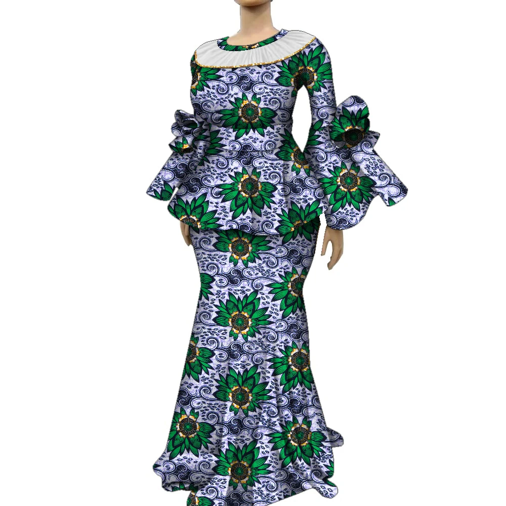 

African Skirt Sets for Women Africa Wax Print Dashiki Tops and Long Skirt O-neck Flare Sleeves Women Clothing Plus Size WY2135