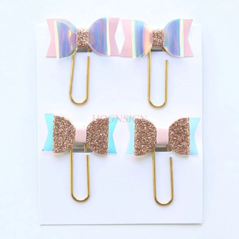 4pcs Cute Bow Decorative Bookmark Paper Clips Laser Brightening Color Paper Clips Office Supplies