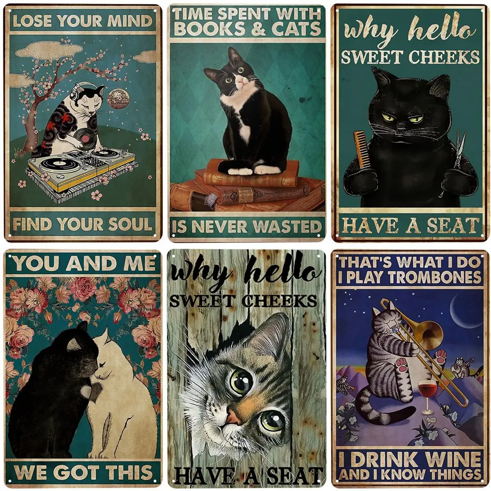 Lustiges schwarzes Katzen-Vintage-Blechschild „Remember to Wipe“, Metallposter, Katzen-Retro-Platte, Hallo süße Wangen, Badezimmer-Dekoration für Bar, Café