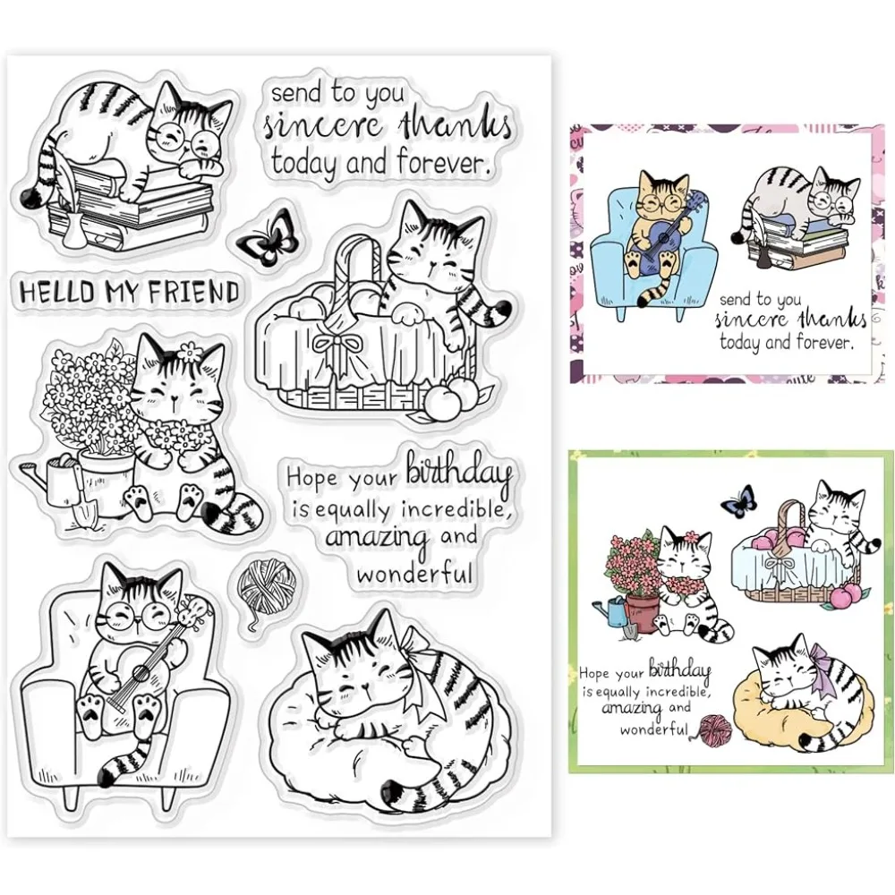 Cats Clear Stamps Greeting Words Book Basket Sofa Silicone Clear Stamp Seals for Cards Making DIY Scrapbook Photo Journal Album