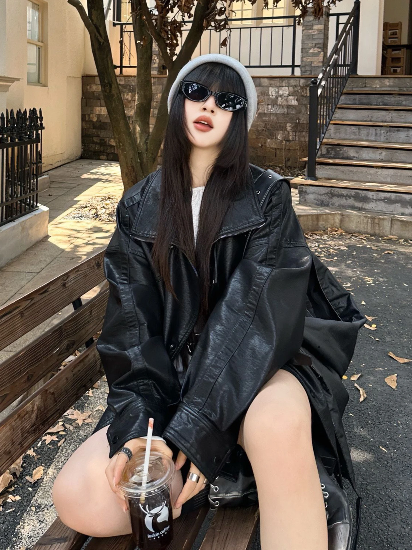 

Retro American Bla Leather Jaet Women's Motorcycle Sle Coat Spring New Small Cool Windproof Coat for Young Women