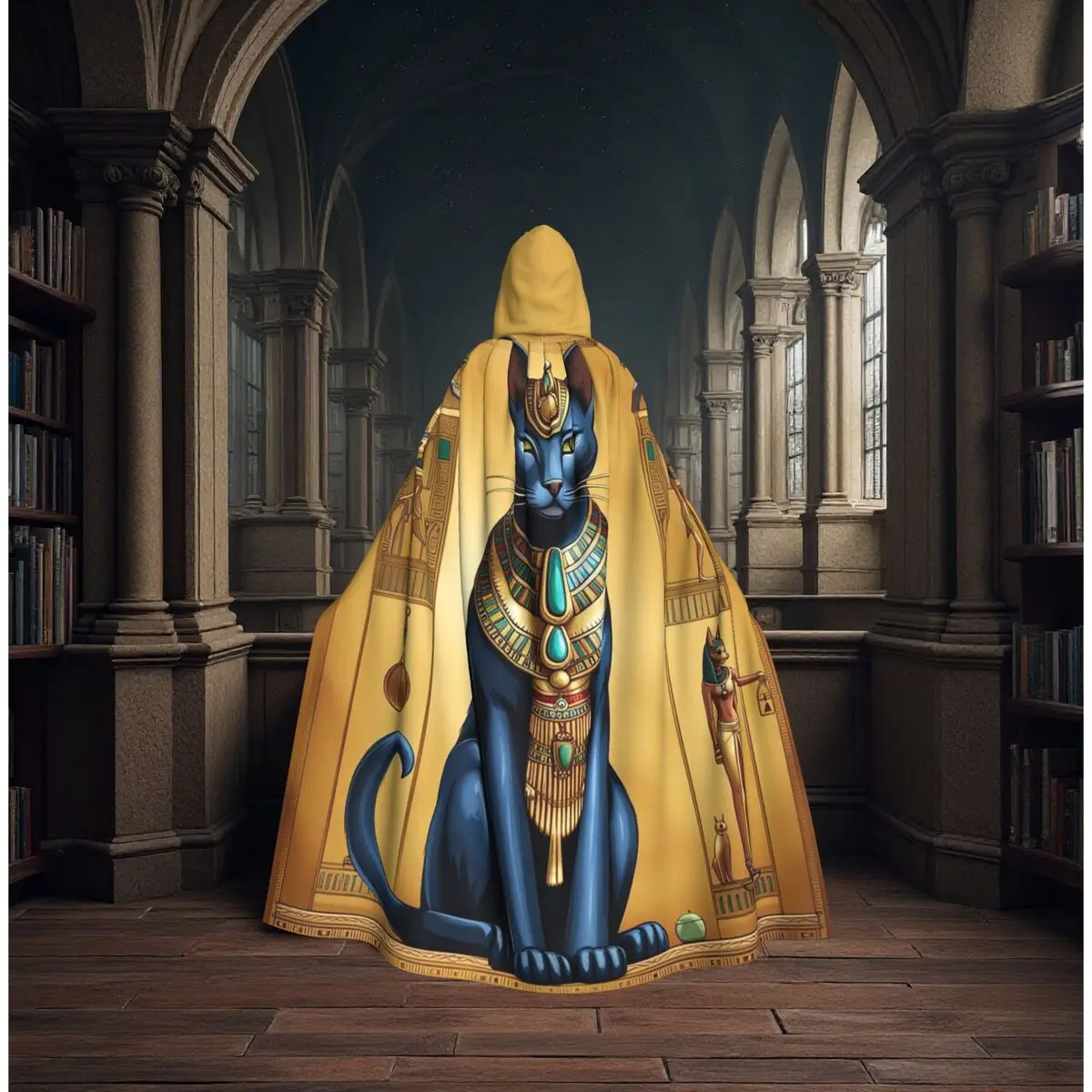 

Vintage Egyptian Cat Goddess Bastet Long Hooded Cloak Witch Medieval Costume Cosplay Cape HalloweenCoat Adult Unisex
