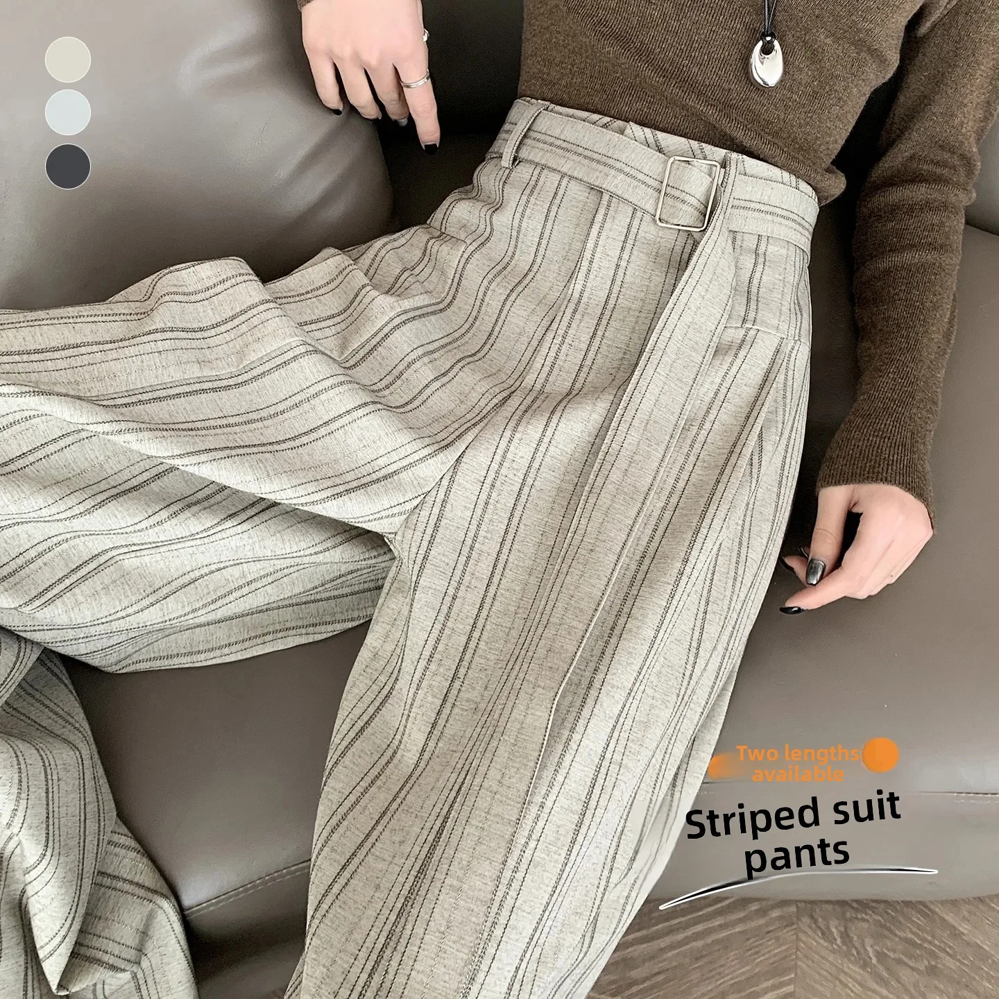 High Waist Striped Wide Leg Suit Pants Women Casual Floor Length Straight Cut Slimming Trousers Autumn New Style Casual Pants