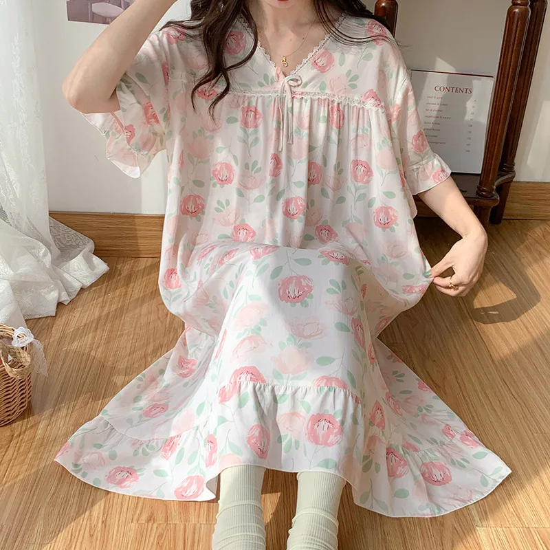 Colorful Printed Nightgown V-neck Lace Bow Tie Pajamas Cotton Silk Sleepwear Short Sleeve Dress Home Casual Clothes for Women