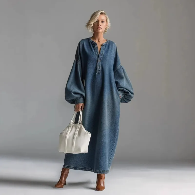Vintage Polo Collar Stand-up Collar Mid-length Denim Dress New Spring Style Women Featuring Retro Plus-size Design Simple Style