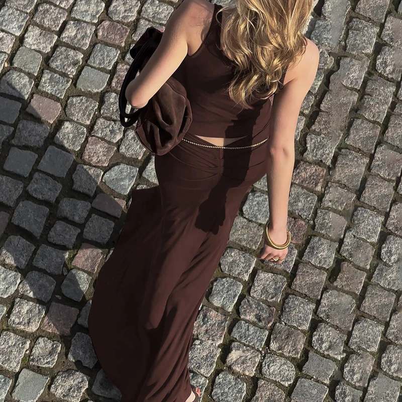 BKLD Einfache Sexy Einfarbig U Neck Leibchen Tank Tops + Enge Geraffte Lange Halbe Röcke Frauen Mode Street Style zwei-stück Outfit