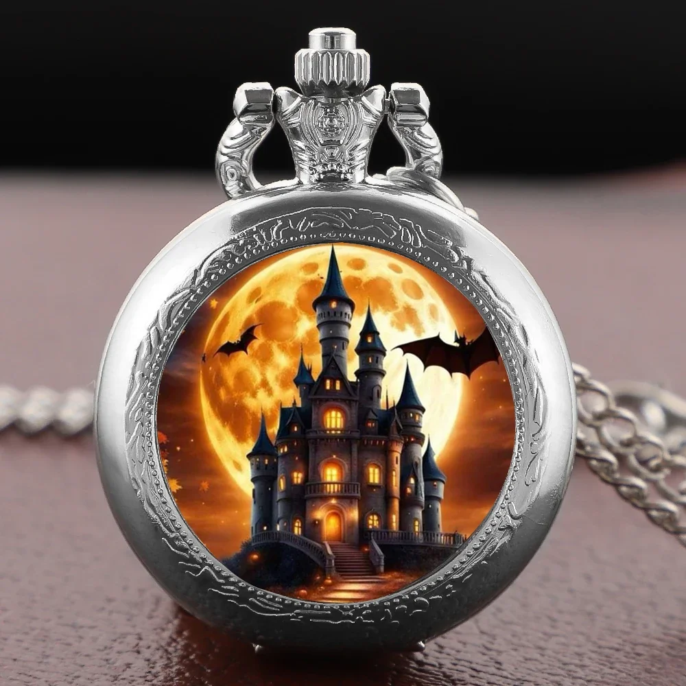 

Карманные часы с замком и летучей мышью на Хэллоуин — серебряный стеклянный купол, ожерелье с подвеской в виде кварцевого механизма для мужчин и женщин