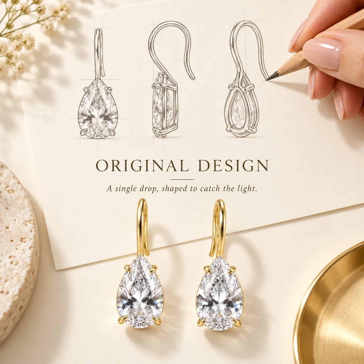 Moonmory Original-Design Große Birnenförmige Zirkon-Ohrhänger für Damen Minimalistische Luxusmarke 14K Doppelt Vergoldete Messing-Ohrhänger – Detail 2