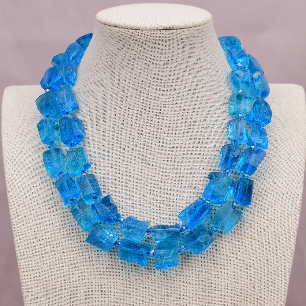 G-G 18'' 2 Strands Deep Blue Natural Glass Quartz Rough Nugget Crystal Necklace Multi Rows Jewelry Handmade For Women