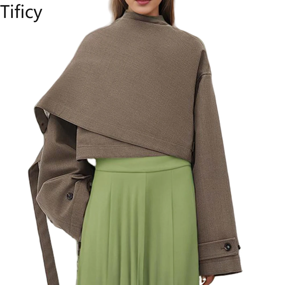 

TIFICY Shawl Coats Over Autumn and Winter Women's New High Neck Asymmetrical Splicing Short Slim Fit Cape Style Jacket