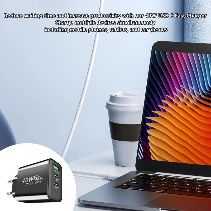 ตัวชาร์จ USB C 40W ปลั๊กที่ชาร์จความเร็วสูง3พอร์ตแบบ USB Type C หัวชาร์จทนไฟ PD อะแดปเตอร์สำหรับธุรกิจ