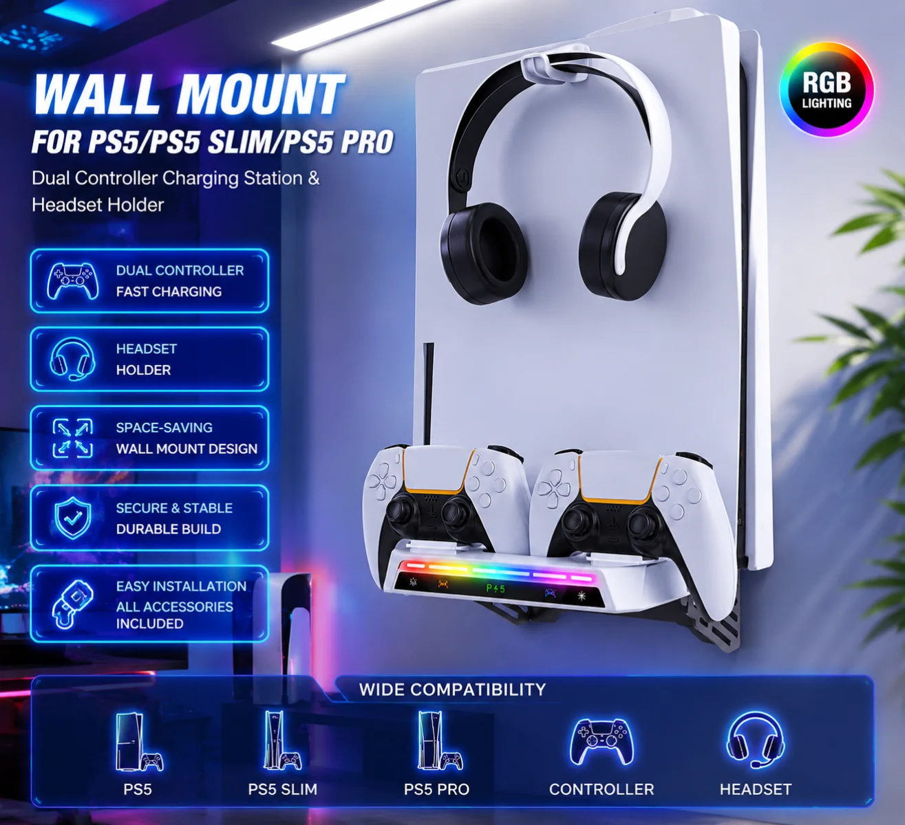 Soporte de pared para consola PS5/PS5 Slim/PS5 Pro, estación de carga dual para mandos con soporte para auriculares, base con luz RGB, accesorios para juegos