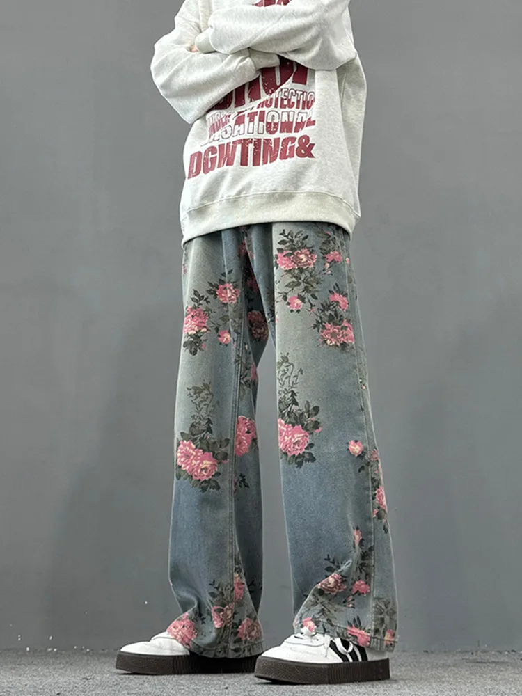 

Full-Print Floral Wide-Leg Washed Jeans For Men Or Women Mid-Rise Summer Straight-Leg Slim-Fitting Floor-Length Pants