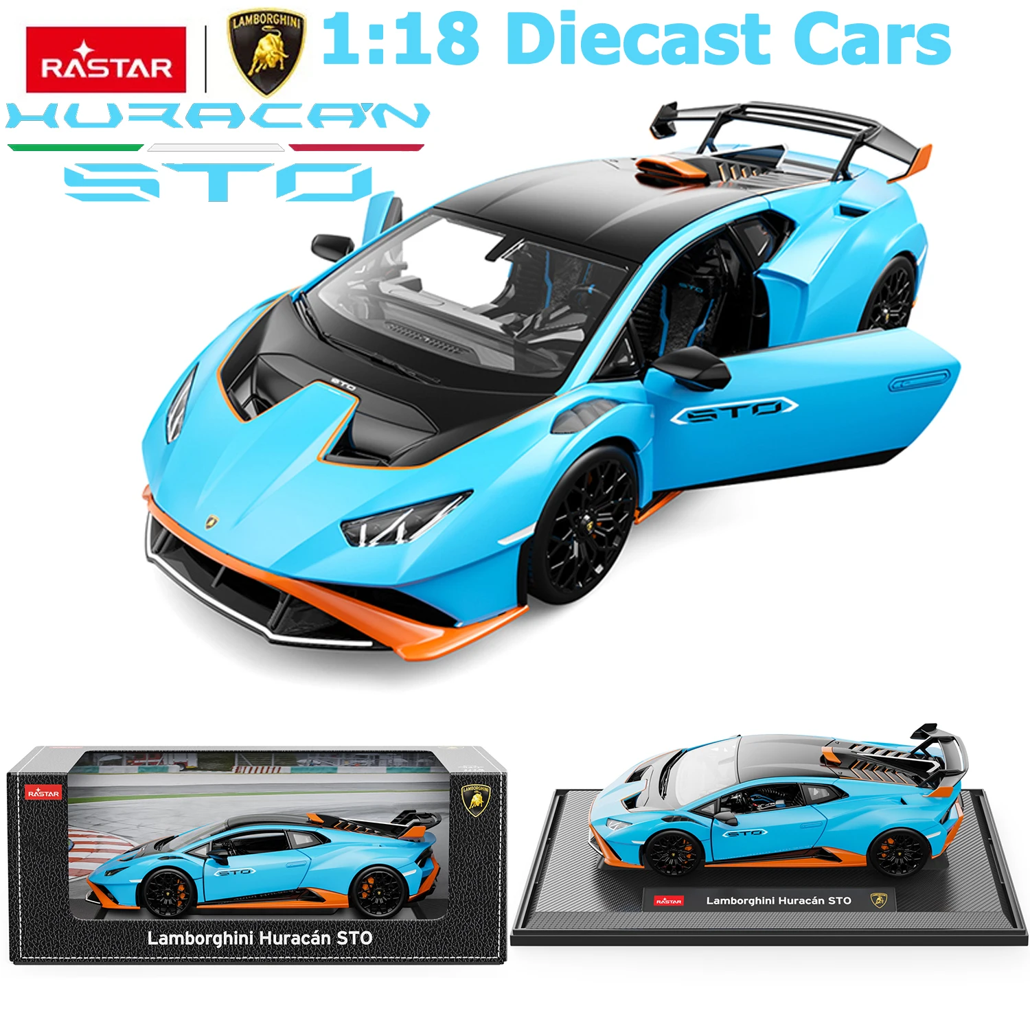 RASTAR 1:18 Lamborghini Huracan STO Die cast Car Model Open Front Hood&Door Free wheels Toy Display Base Gift For Adults