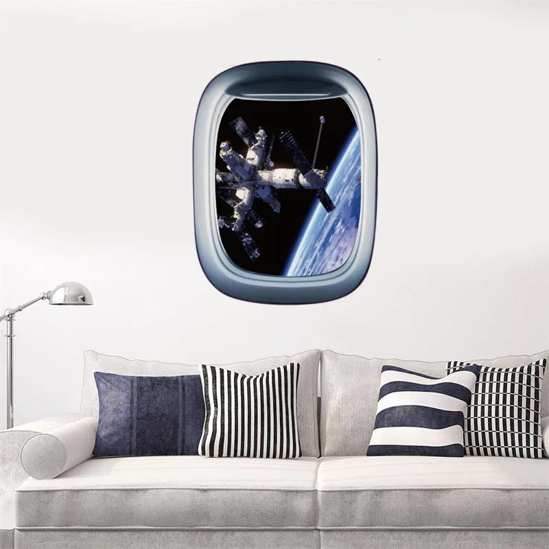 D üç boyutlu yeni yıldızlı gökyüzü gezegen uzay gemisi sahte pencere sticker oturma odası yatak odası duvar sticker