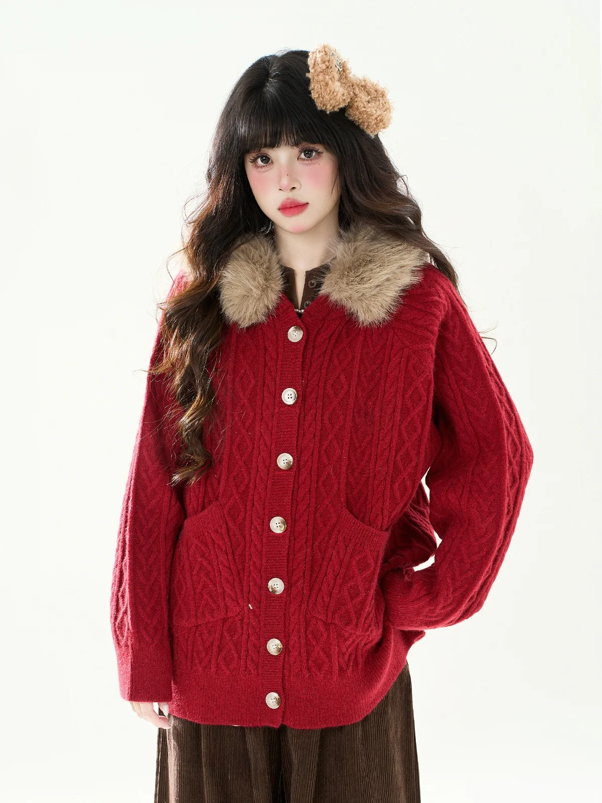 

Кардиган-свитер ENJOG Retro Twist с большим меховым воротником, красный, женский, осенне-зимний, вязаный, для отдыха, на Новый год