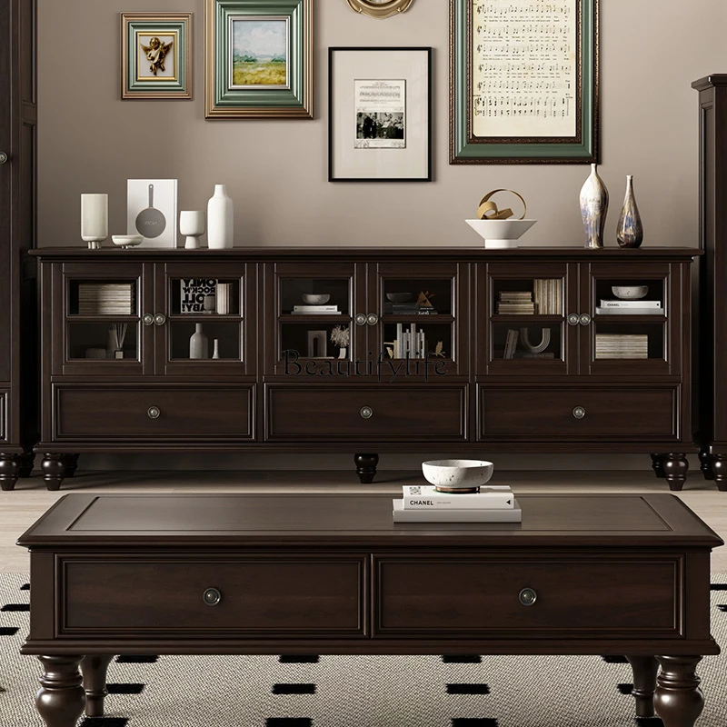 

01American all-solid wood coffee table TV cabinet combination retro high living room