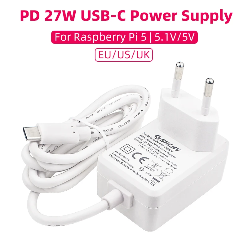 Raspberry Pi 5 5.1V 5A Power Supply PD 27W USB Type C Charger EU US UK Plug Power Adapter for Raspberry Pi 5/4B RPI 5