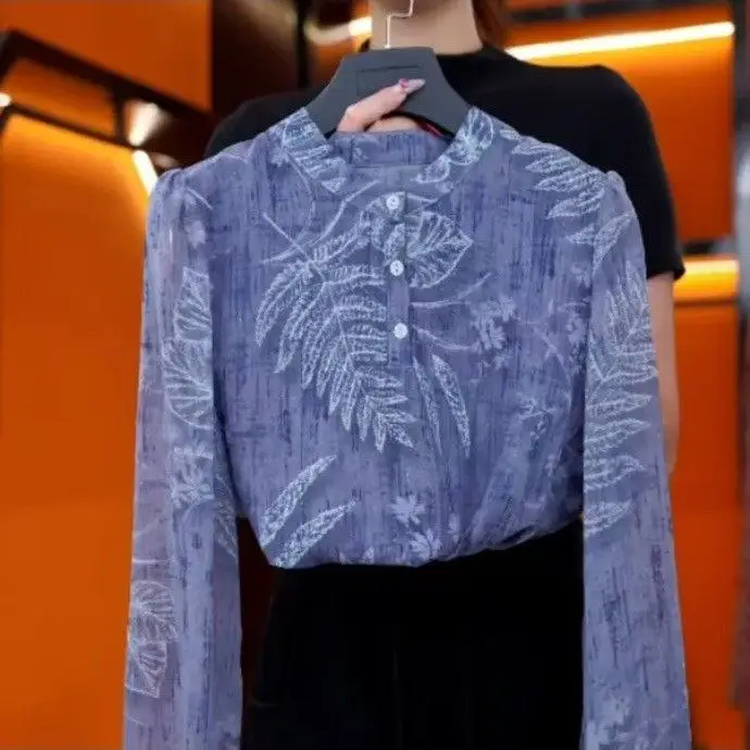 

Ранняя осень, модная стильная рубашка для женщин, новая шифоновая рубашка с круглым вырезом и длинными рукавами с принтом, модный топ, закрывающий живот