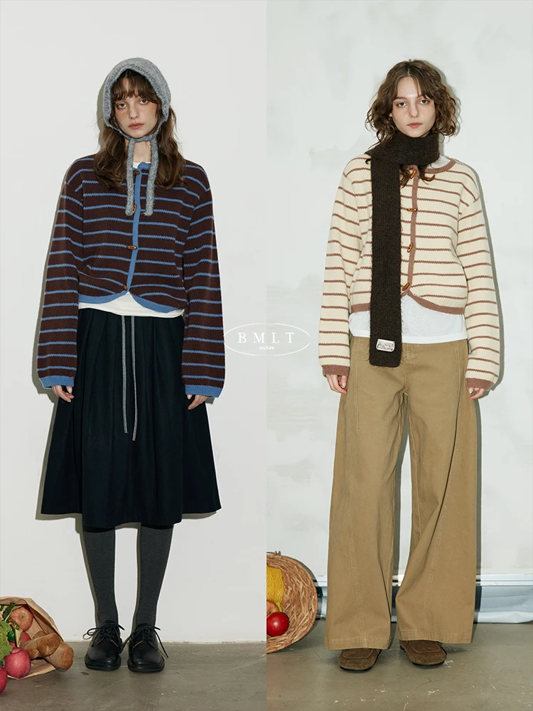 

Вязаный кардиган BMLT Manchester Ci в винтажном полосатом дизайне, женский, осенний, новый, теплый, с V-образным вырезом, длинный рукав