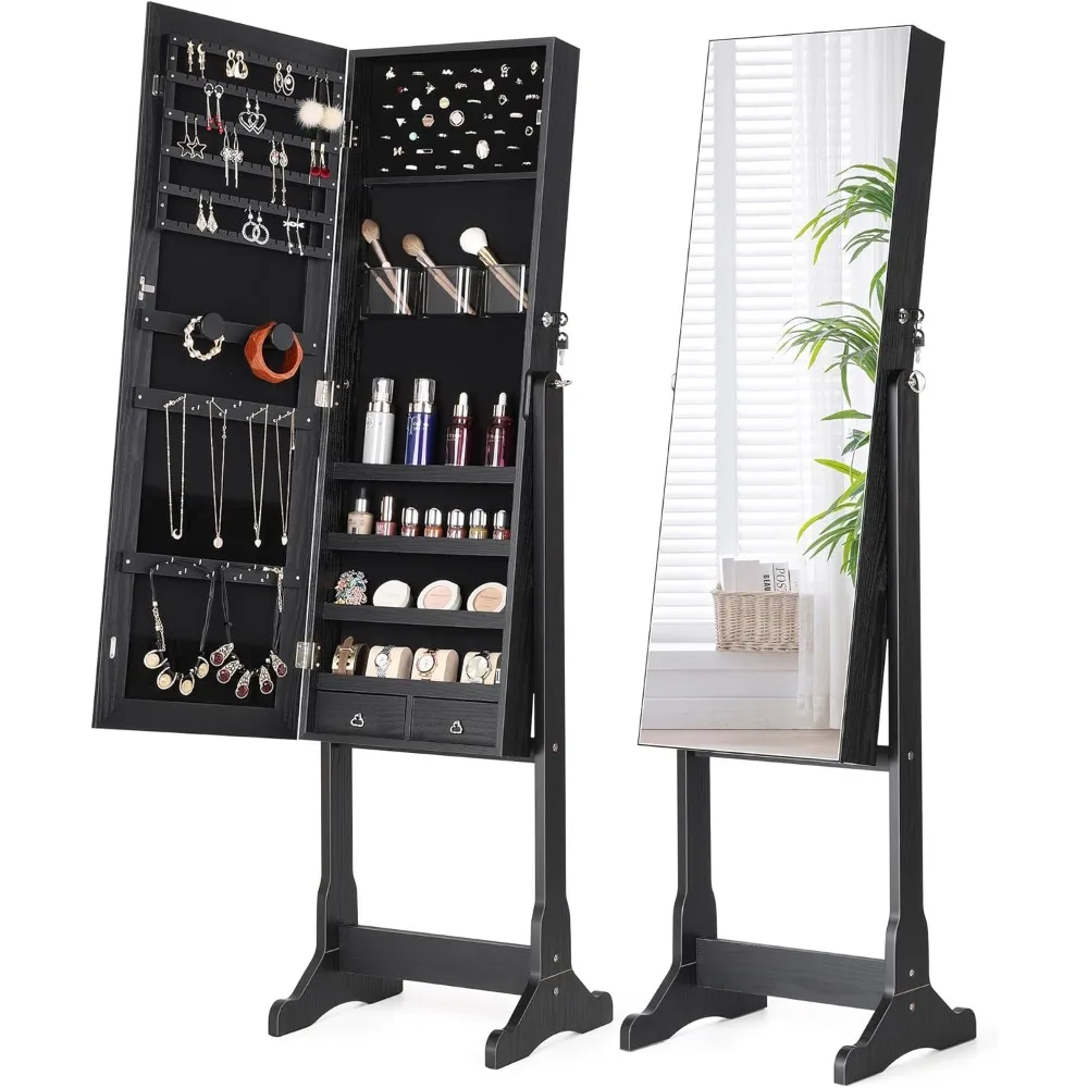 

Jewelry Cabinet with Full-Length Mirror, Standing Lockable Jewelry Armoire Mirror Organizer, 3 Angel Adjustable