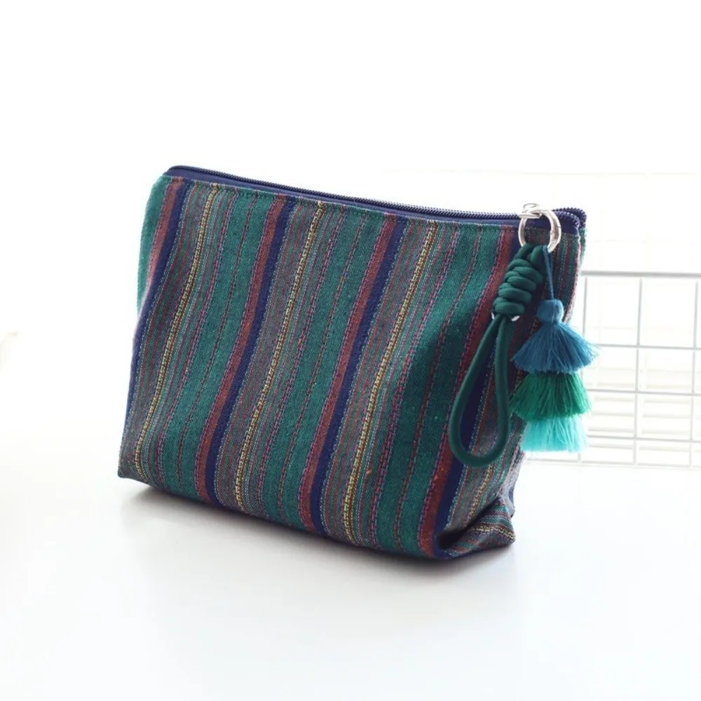 Colorful Ethnic-Style Makeup Pouch Fringe Pendant With Zipper Travel Storage Bag Striped Large Capacity Toiletry Clutch Bag