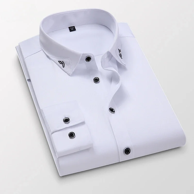 Male Shirt New Men's Luxury Embroidered Long Sleeve Dress Shirt Slim Fashion Business Casual Anti-Wrinkle No-Iron Stretch