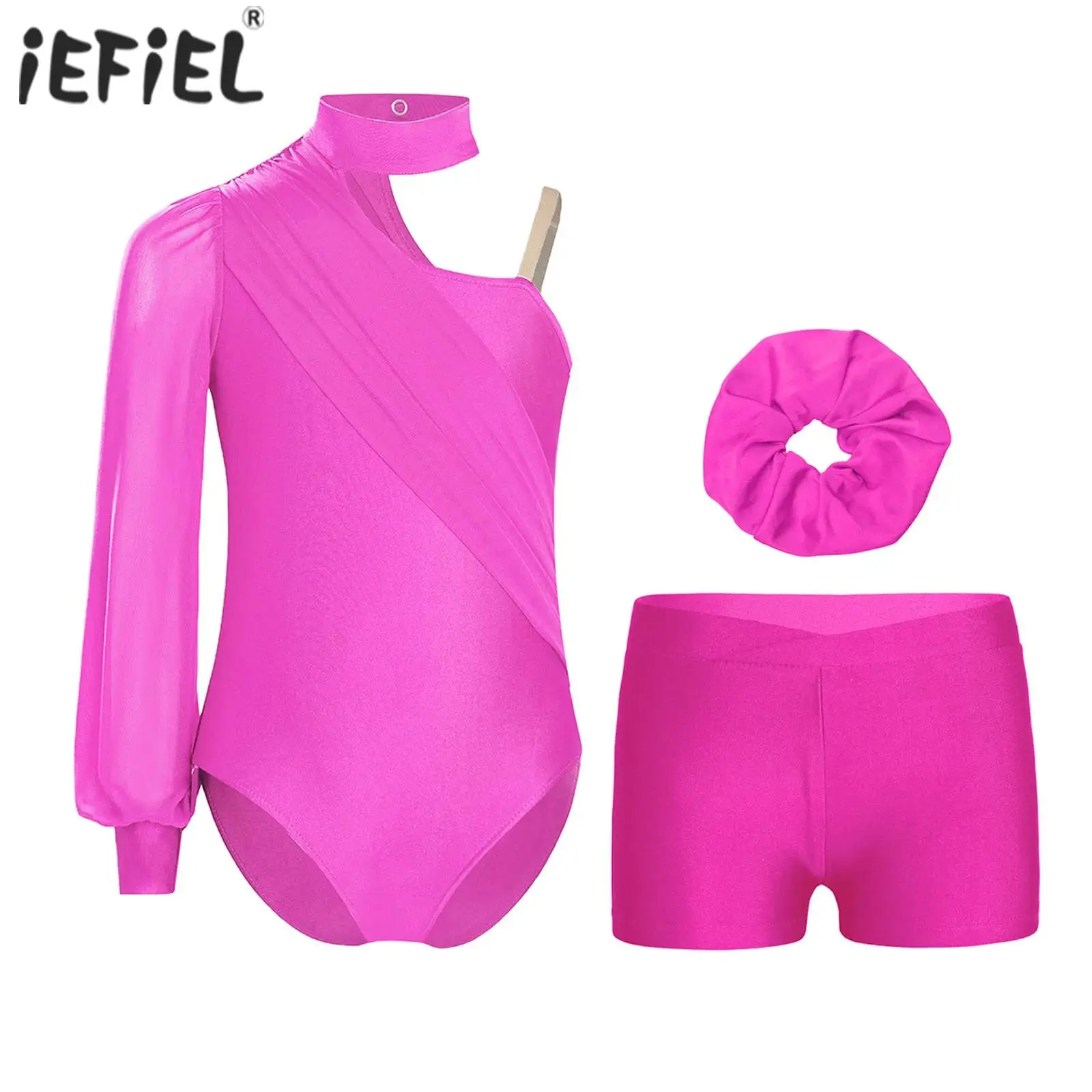 어린이 소녀 발레 댄스 세트 피겨 스케이팅 체조 댄스 복장 원 숄더 긴 소매 레오타드와 반바지 및 헤어밴드