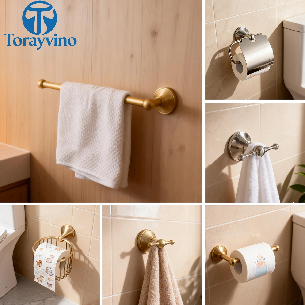 Torayvino Bathroom Towel Bar Antique Brass Hook Hardware Accessorice  Contemporary Handle Towel Rack Paper Basket Wall Mounted