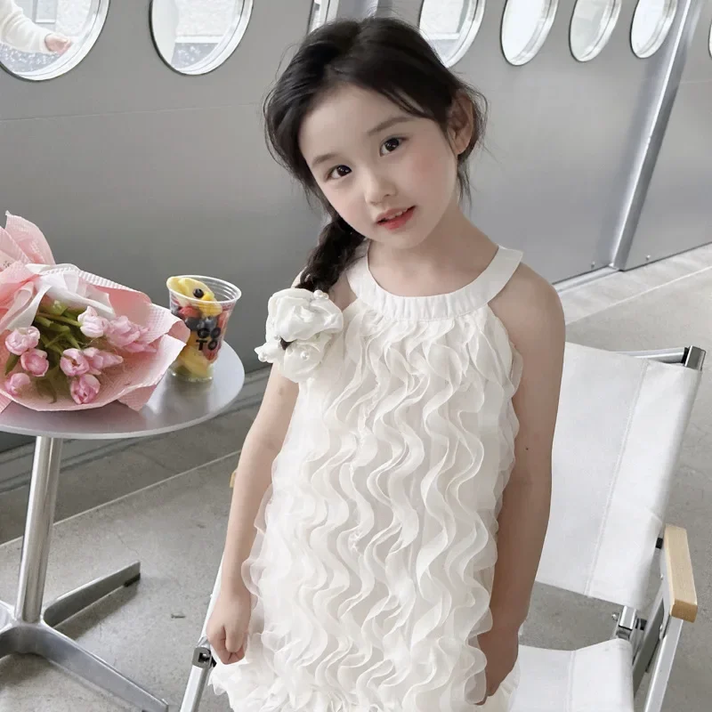 Girls Summer Dress Medium and Small Children Mesh Skirt 2024 Children Princess Elegant Romantic Vacation Dress Bow