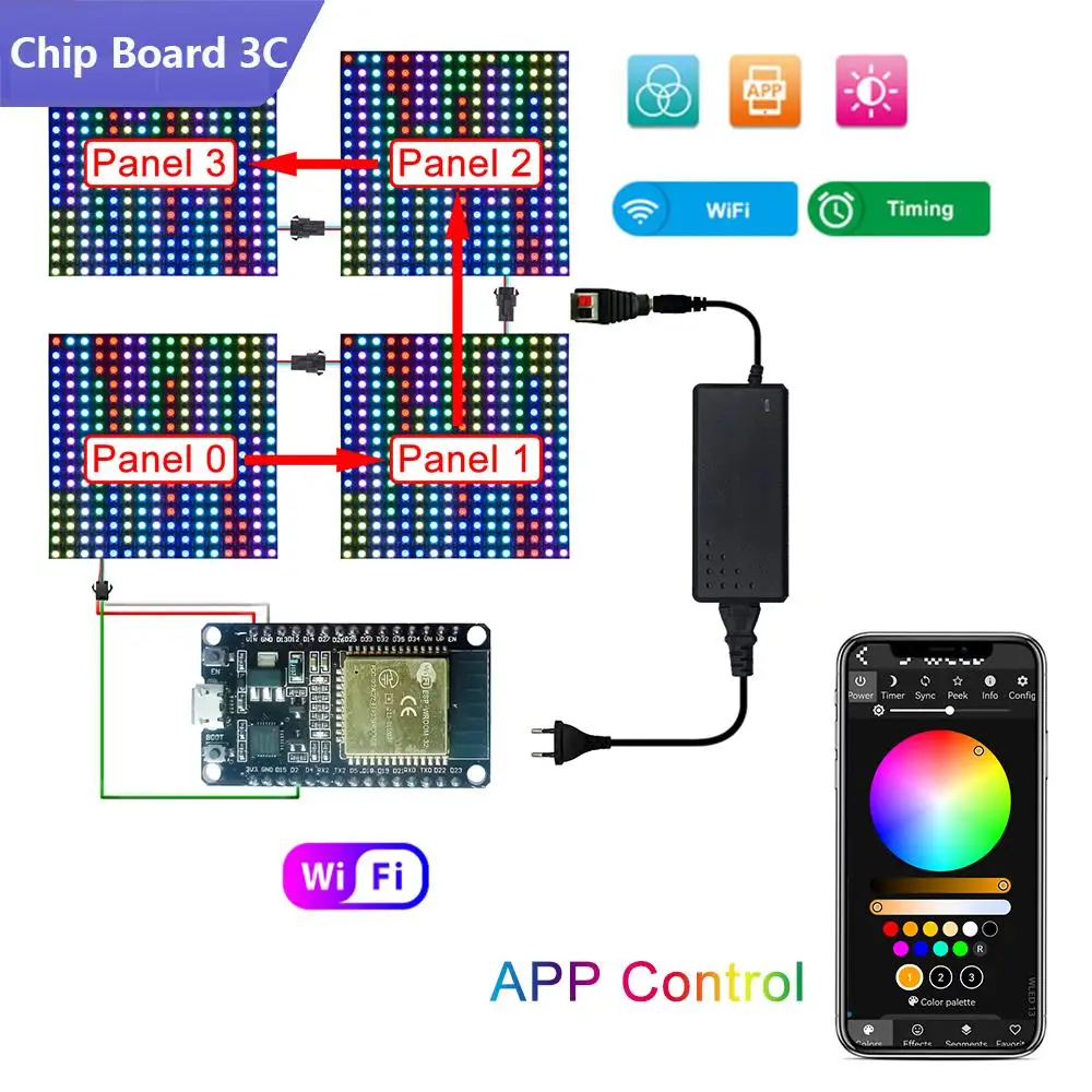 

1000+ LED Matrix 16x16 32x32 DIY Power Control WLED Wifi ESP32 Board Flexible Addressable Pixel Night Light WS2812B RGB DC5V