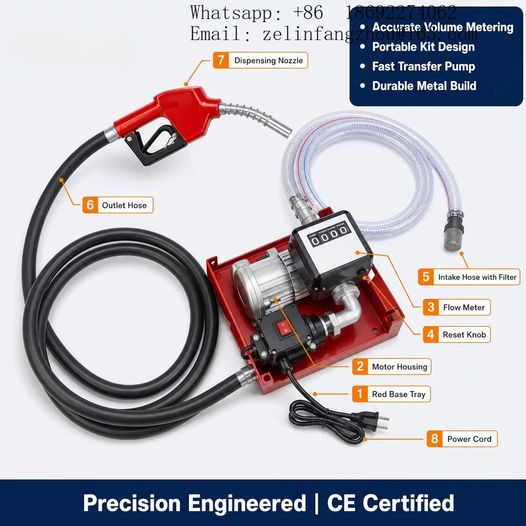 SFOP-60 DC Electric Motor Fuel Dispensing Pump Flow Meter Digital Liter Display Totalizer 220V Red Metal Cradle Nozzle