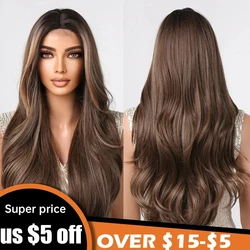 Long Wavy Chestnut Brown Synthetic Lace Wigs Highlight Golden Hairline Lace Wig for Women Daily Cosplay Heat Resistant Fake Hair