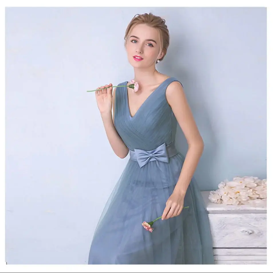 Elegant Simple Grey Blue Bridesmaid Dress 4 styles Women's Sleeveless Classical Tulle Satin Belt Lace Up Bow A-line Vestido