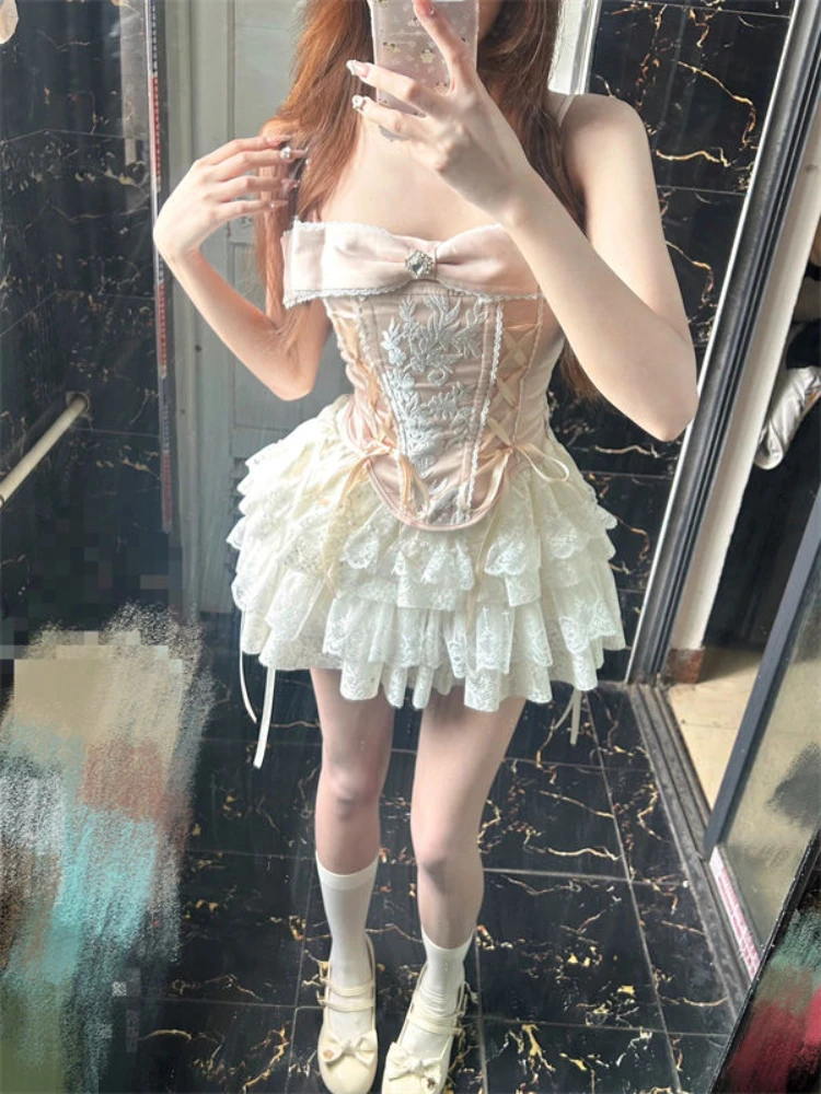 

Japanese Lolita Kawaii 2 Piece Set Women Korea Elegant Party Skirt Suit Female 2024 Sweet Pink Bow Vest + Lace Cute Sweet Skirts