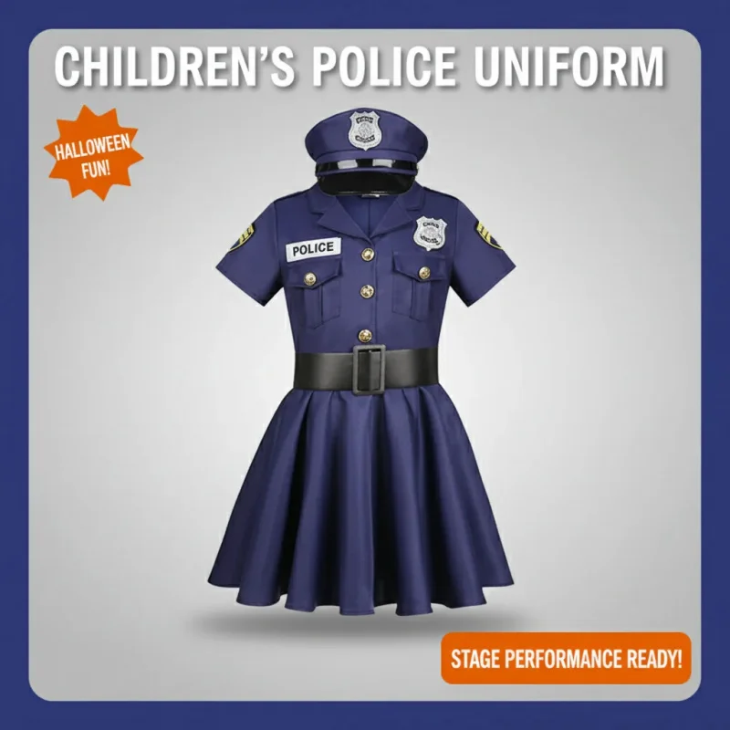 

▶❤Kids Police Uniform Costume Set for Halloween, Unisex Dress with Hat Belt, Kindergarten Stage Performance Outfit❤◀