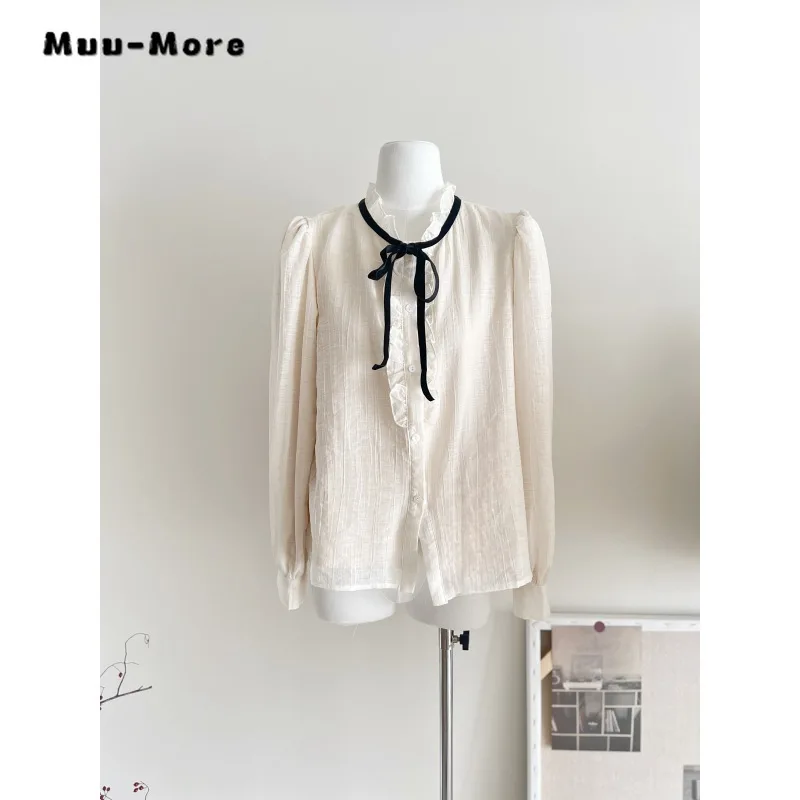 2024 Spring Elegant Sweet Round Neck Solid Long Sleeve Shirt Women Causal Bow Chic Soft Blouses Single Breasted Chiffon Tees Top