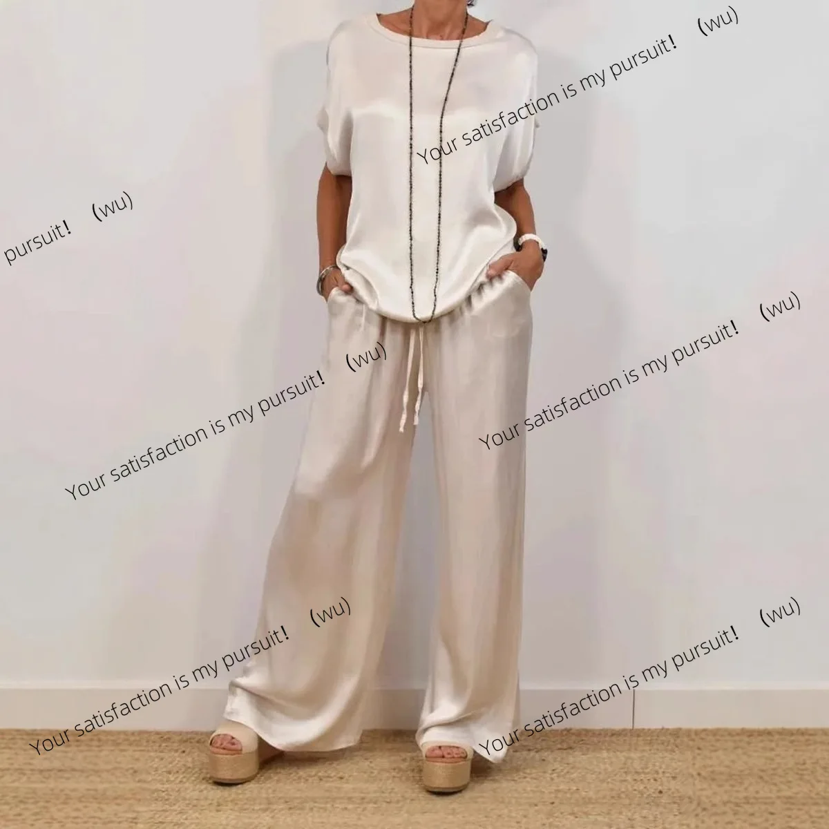 

ZOCI-Женский летний атласный комплект из двух предметов, топ с v-образным вырезом и рукавами «летучая мышь», повседневные свободные широкие брюки с поясом