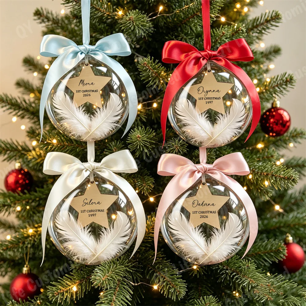 Personalized Clear Christmas Ball Ornament Wooden Star Feather Inside Custom Name Year Print Bauble Satin Bow Christmas Gift