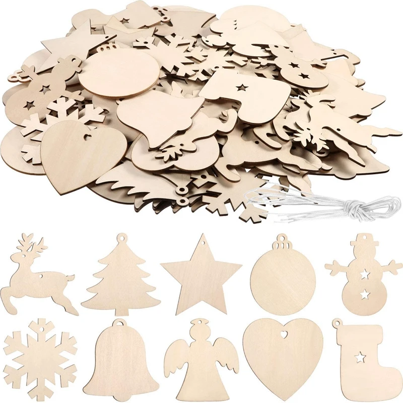 10Pcs Unfinished Hout Kerstboom Ornamenten Met Gaten Angel Herten Bal Pop Sneeuwpop Kerstboom Tag Opknoping Decoraties