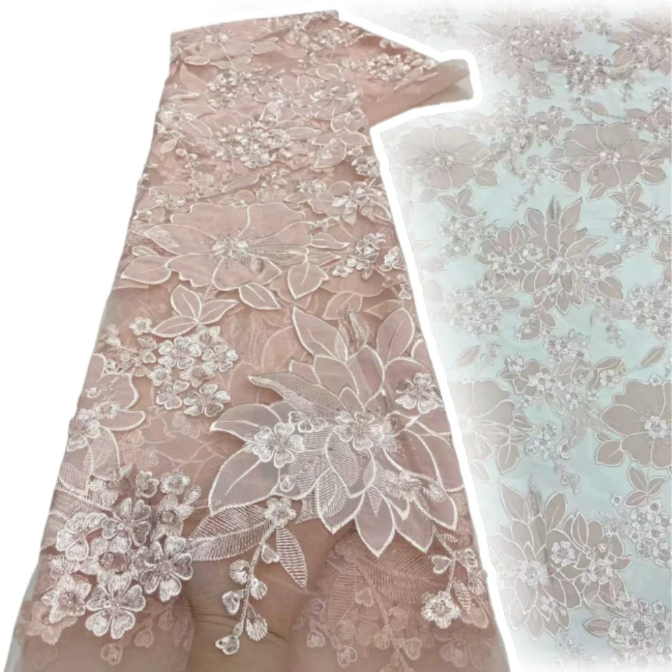 Pink African Groom Lace Fabric with Sequin Hig-End Luxury Embeoidery Heavy Fabric for Wedding Dress Party Material 2039
