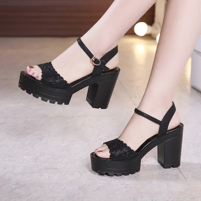 Small Size 32-43 Elegant Rhinestone Wedding Shoes Bride Summer 2025 Block High Heels Sandals Women\'s Platform Sandals Office