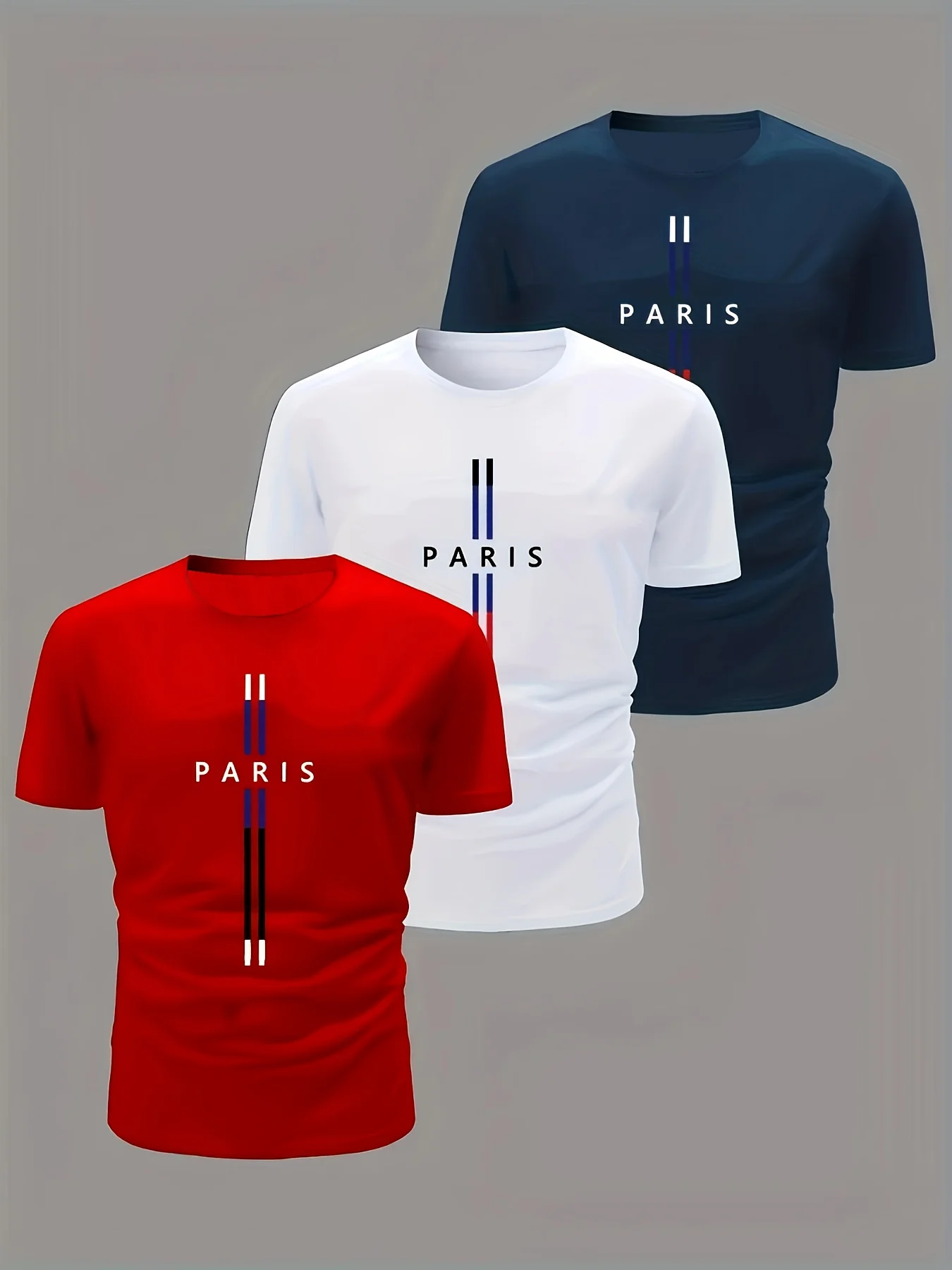 

Three-piece set of novelty T-shirts for men, Parisian letter prints, polyester fabric,elastic fit,suitable for adult summer tops