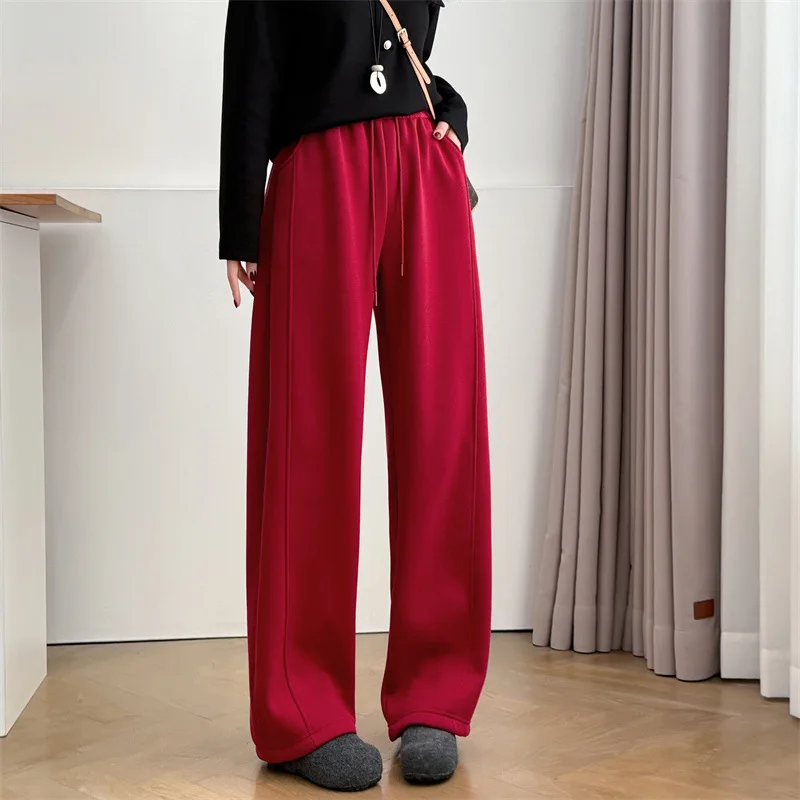 

XXXXL модная женская одежда больших размеров, прямые брюки, новые зимние простые теплые флисовые повседневные длинные брюки с изогнутым ножом 8096