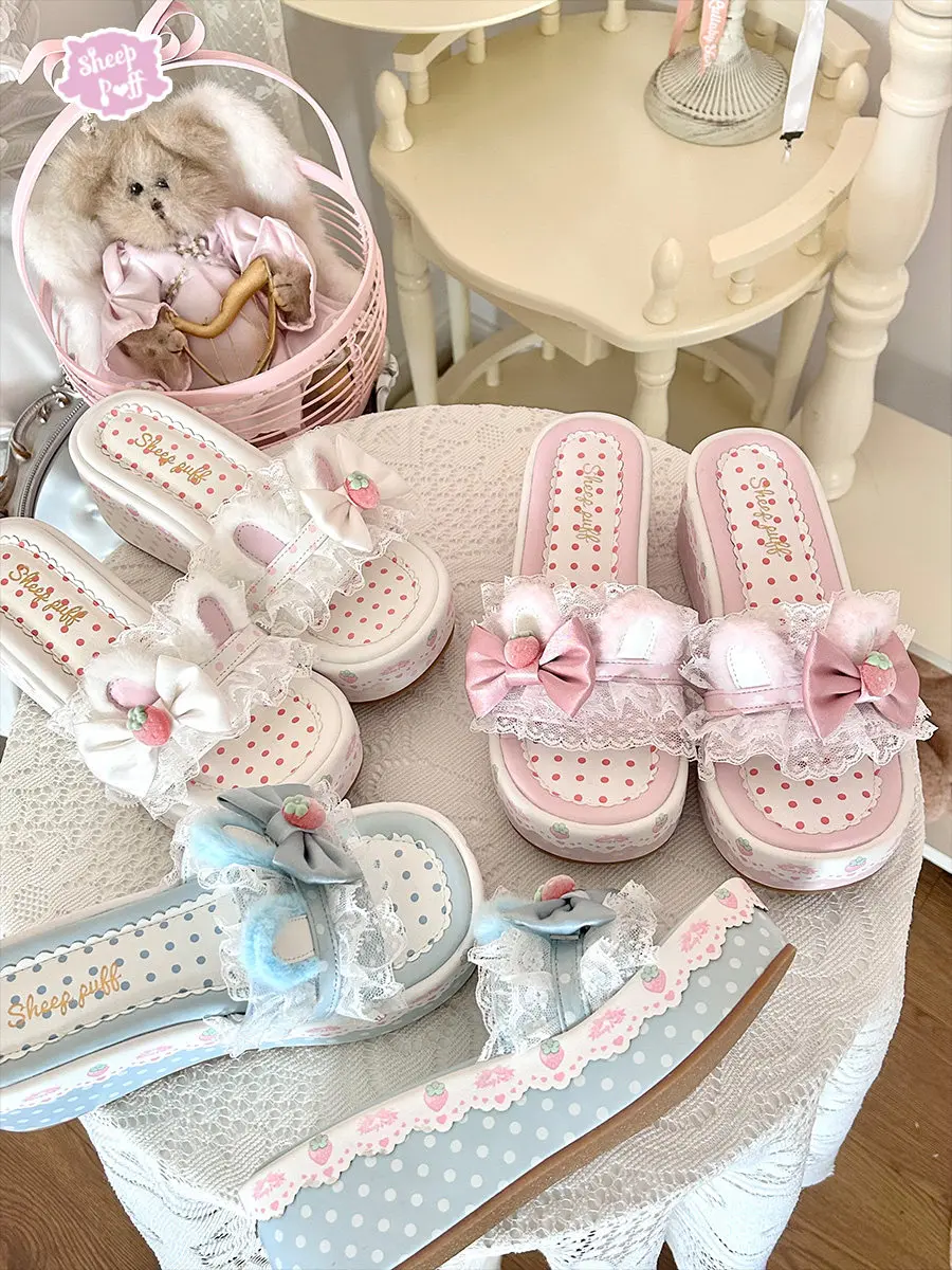 Strawberry Bunny Platform Slide Sandals Women's Cute Lace & Bow Decor Lolita Open-toe Slippers Sweet Girl Lolita Slippers
