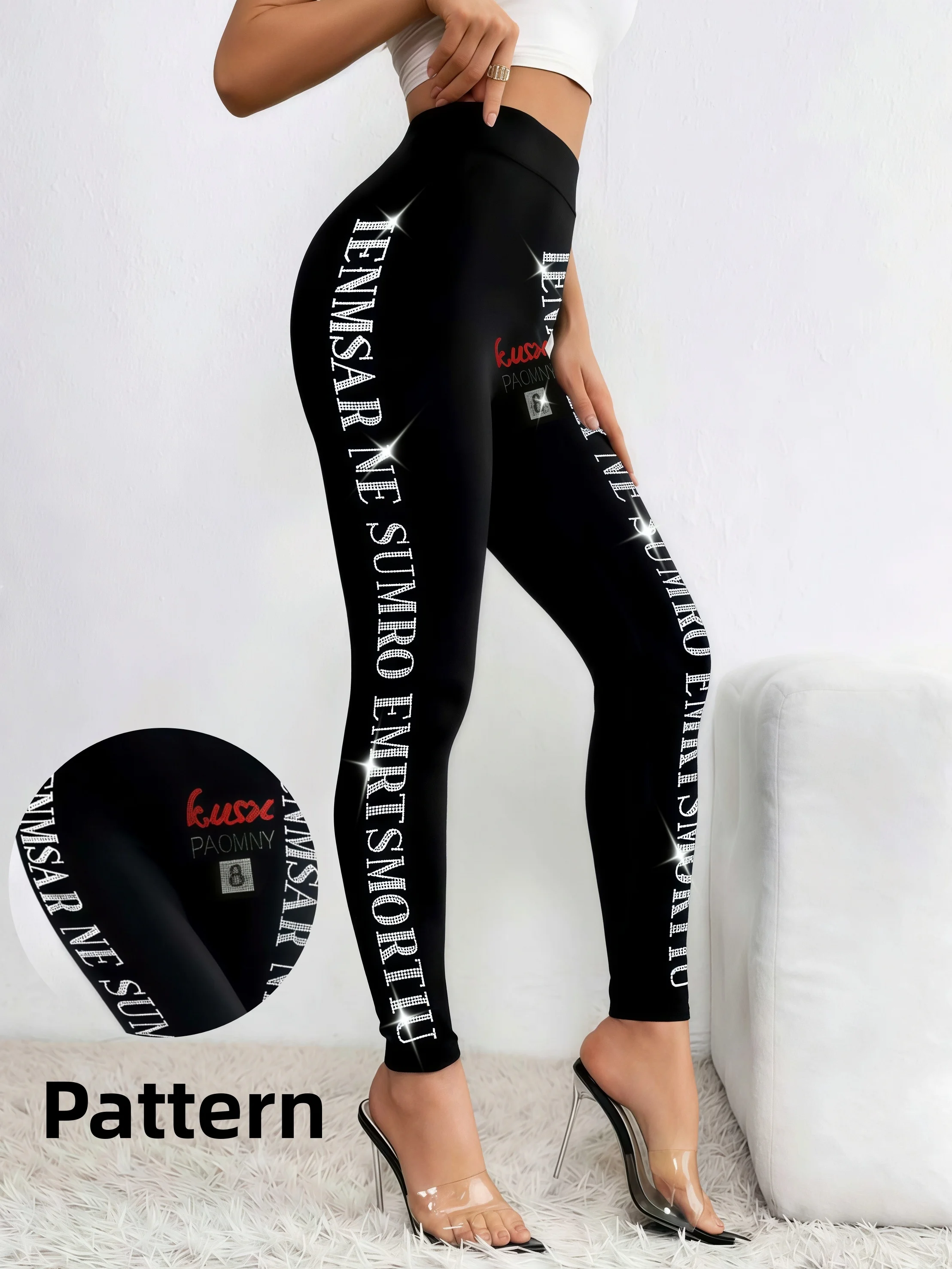 Women's Letter Rhinestone Black Leggings High Waist Stretch Fit Fashion Trendy Versatile Nine Quarter Pants Daily Casual Wear