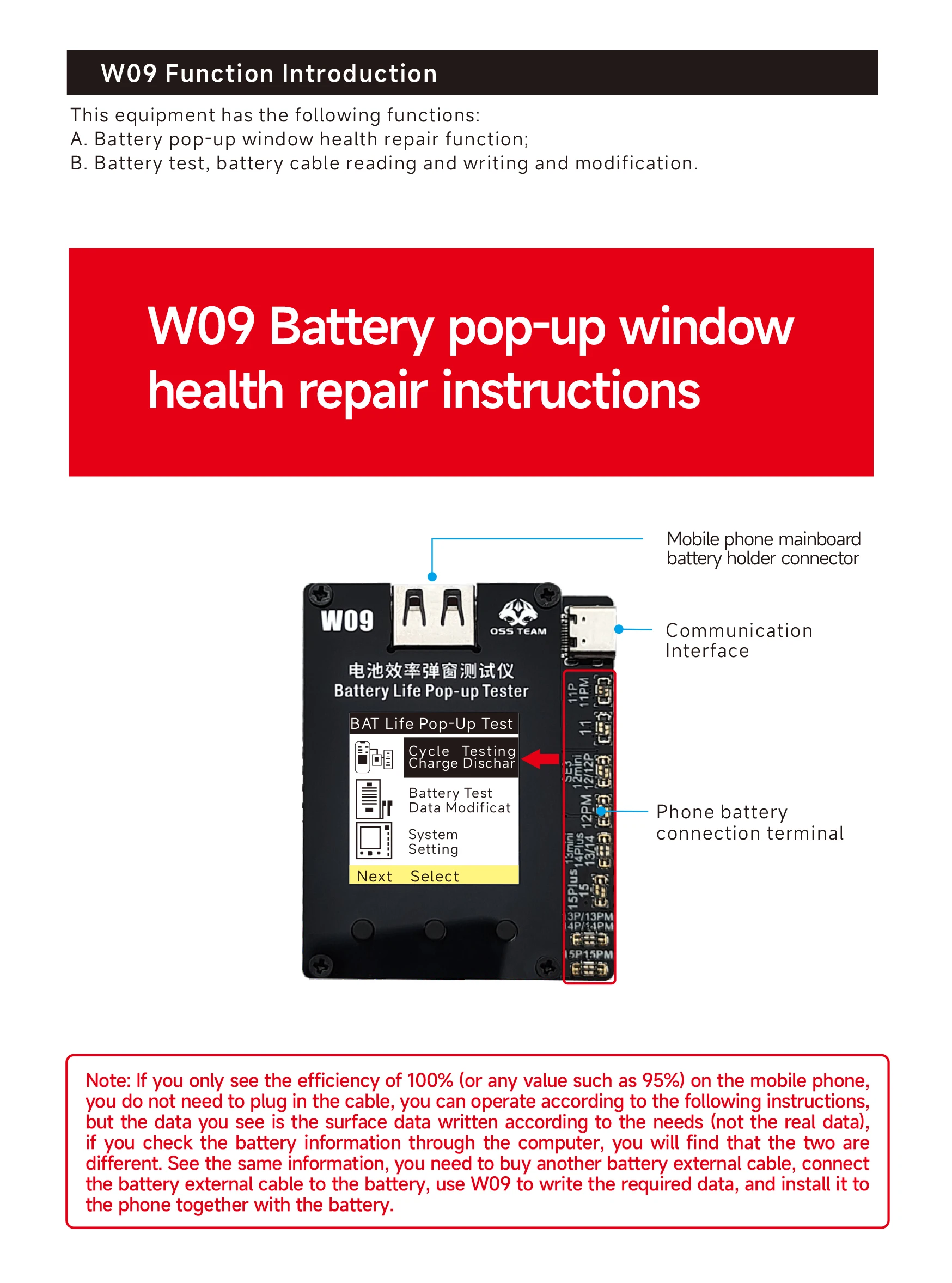 OSS W09 Pro V3 Battery Life Pop-up Tester for IPhone11-15PM Detection Modify Battery Efficiency 100% Cycle Health Data Tool
