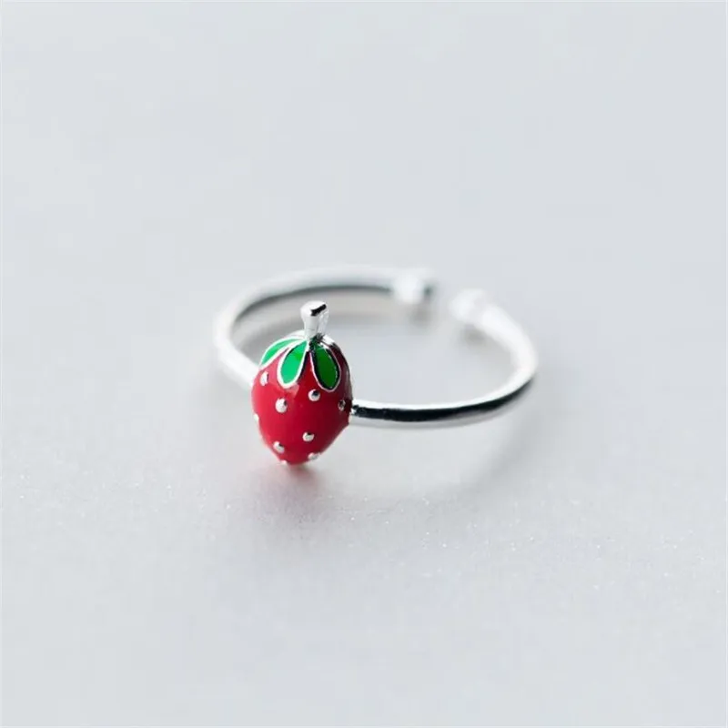 Innovation 925 Sterling Silver Color  Fruit Strawberry Dripping Oil Open Rings For Women Girl New Arrival