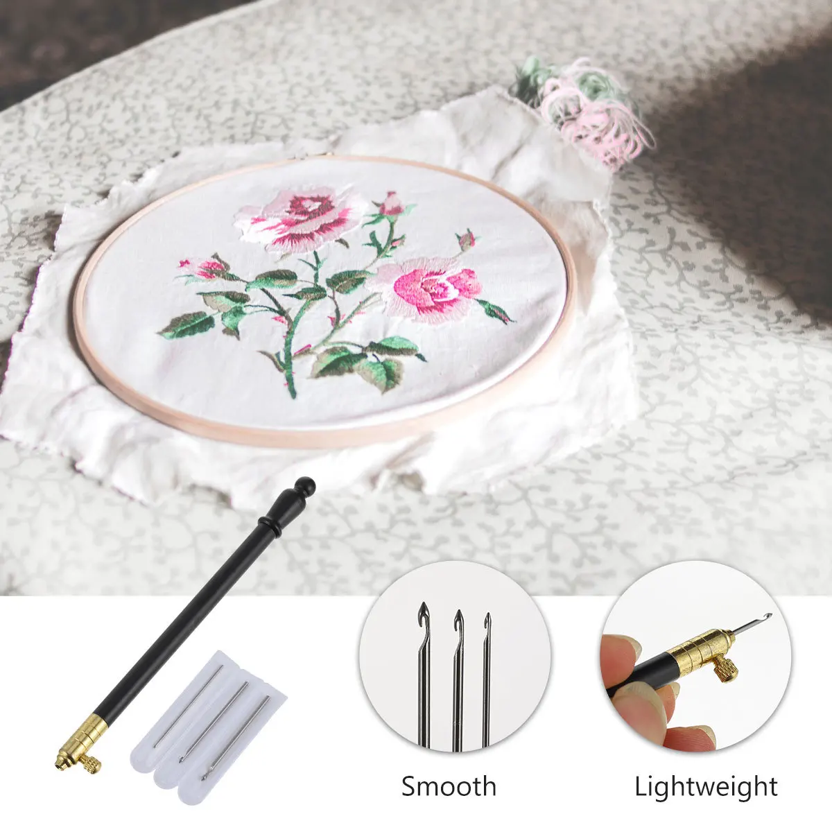 

1 Set Of French Beaded Embroidery Beading Kit Ergonomic Hook Needles Smooth Metal Punch Needle For Diy Stitching Crafts Durable